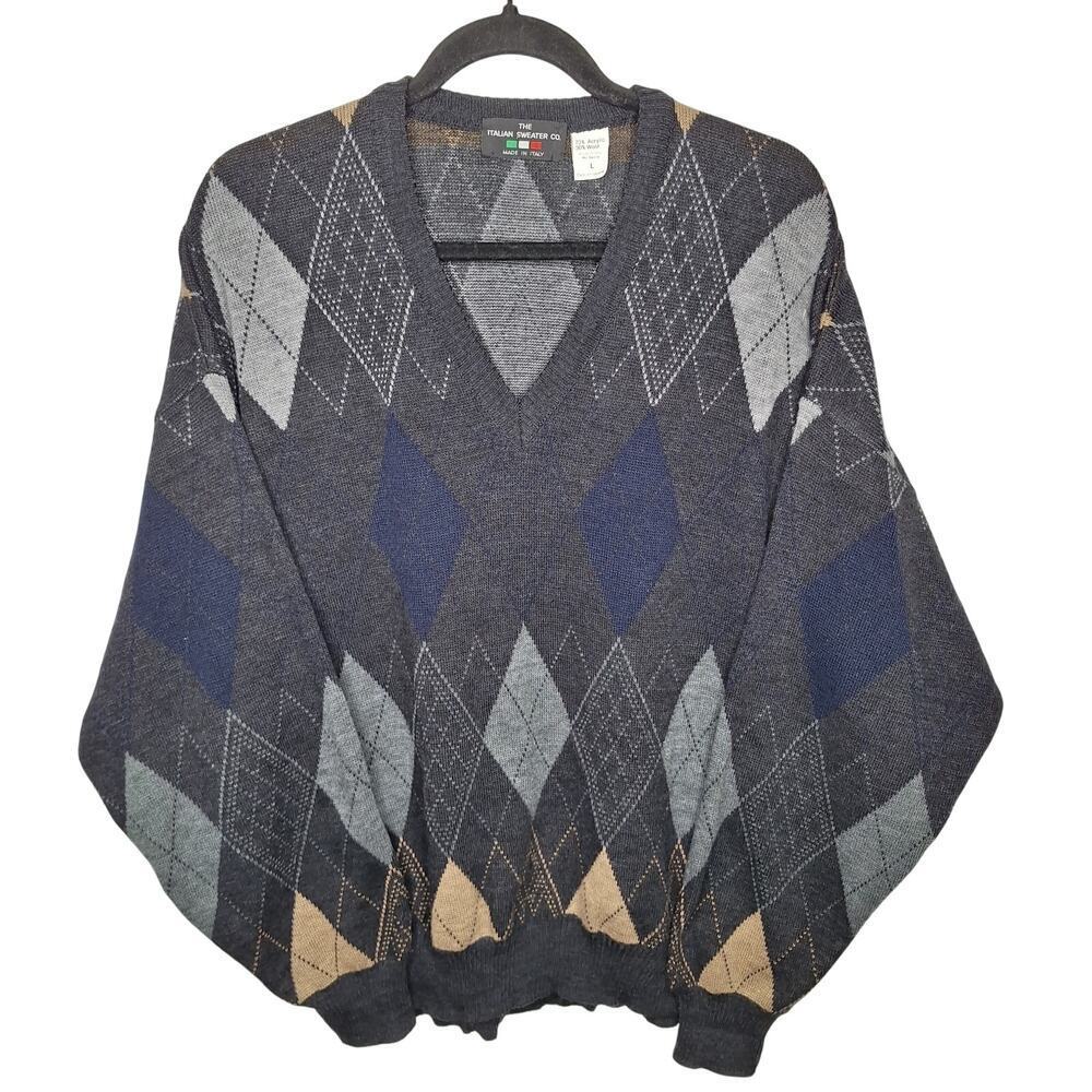 Vintage 90s Italian Sweater Co. Argyle Sweater Men Large Italy Wool Blend Preppy